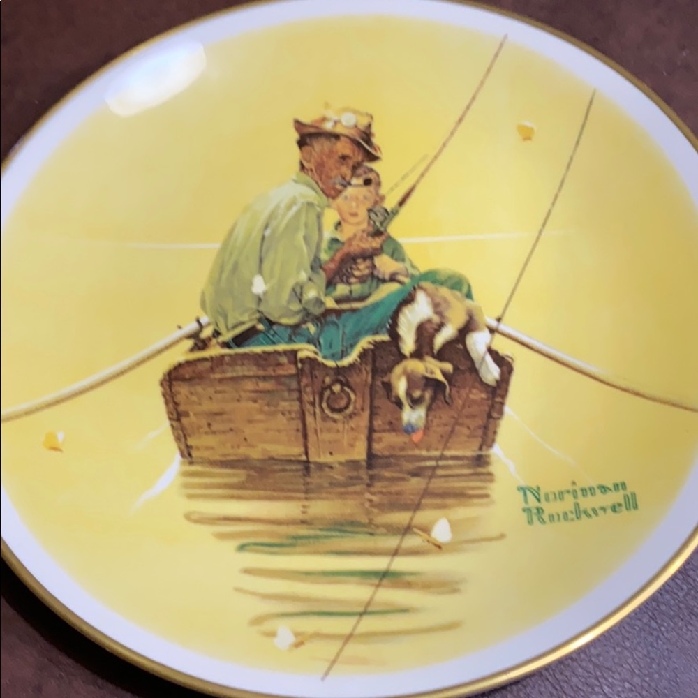Norman Rockwell Yellow, Brown and Green Fishing Scene Dinner Plate